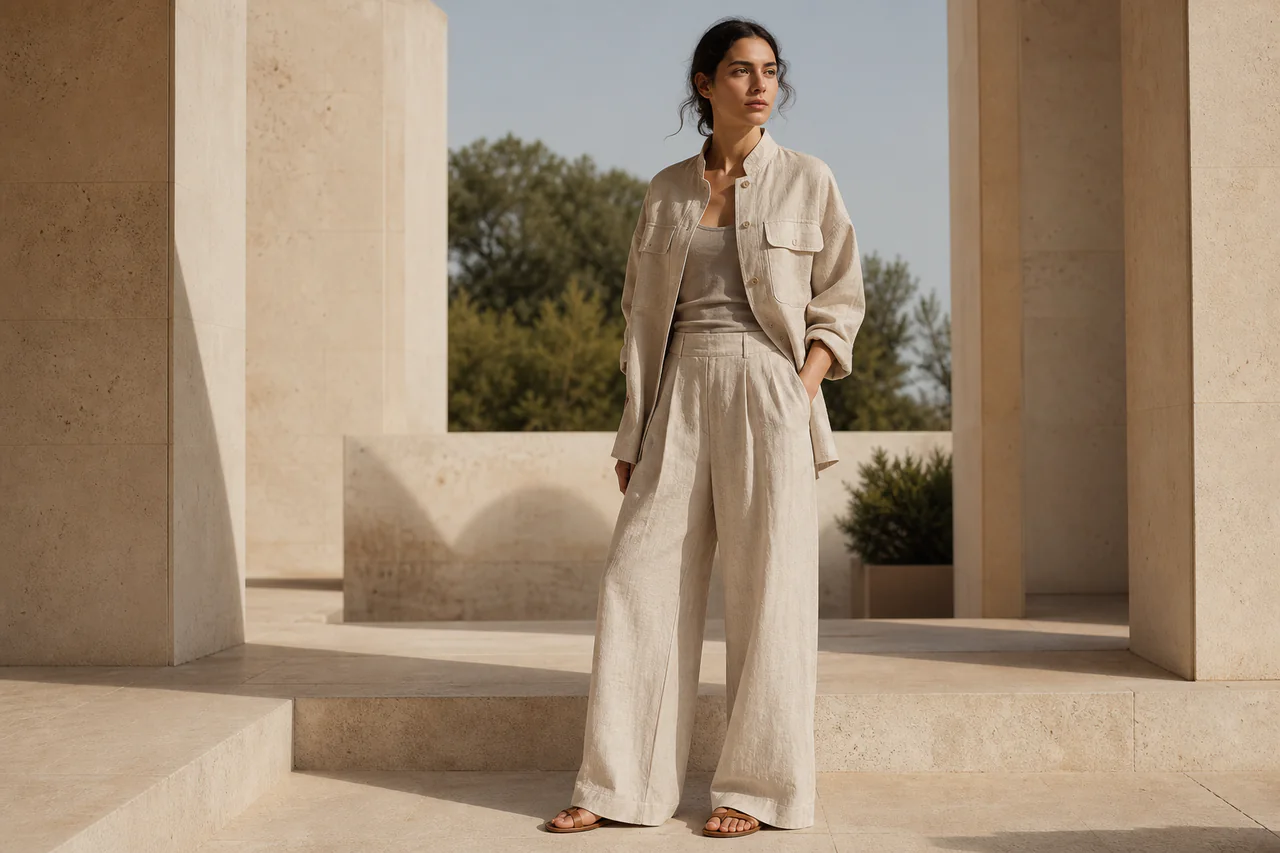 Natural hemp clothing in a quiet architectural setting