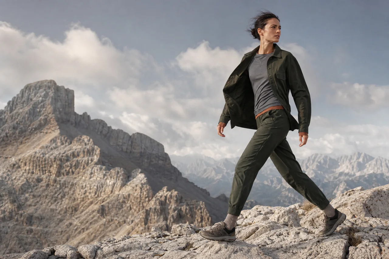 Outdoor apparel in motion in an alpine landscape